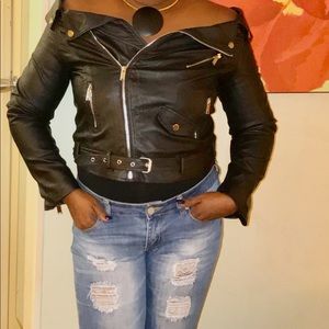 Black Leather off the Shoulder jacket